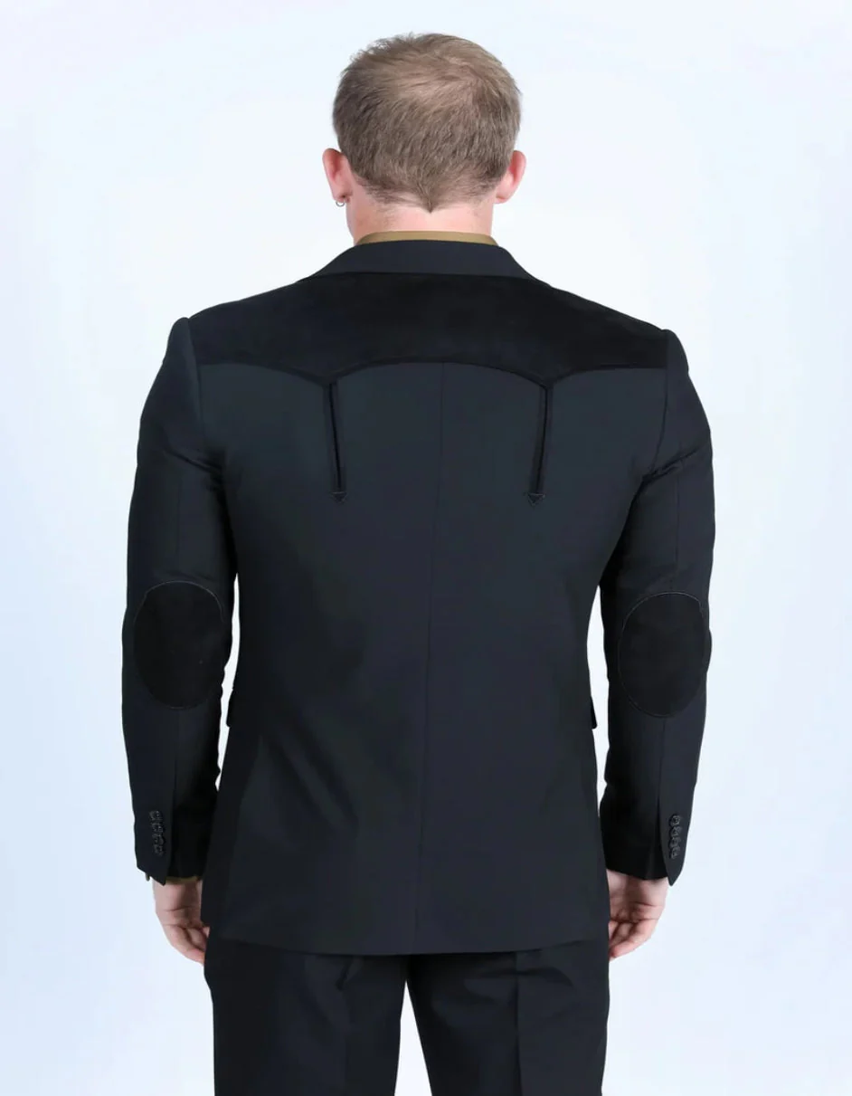 Men's Western Black Suit Sport Coat with Suede Yokes and Elbow Patches - Traje Para Hombre - Image 4