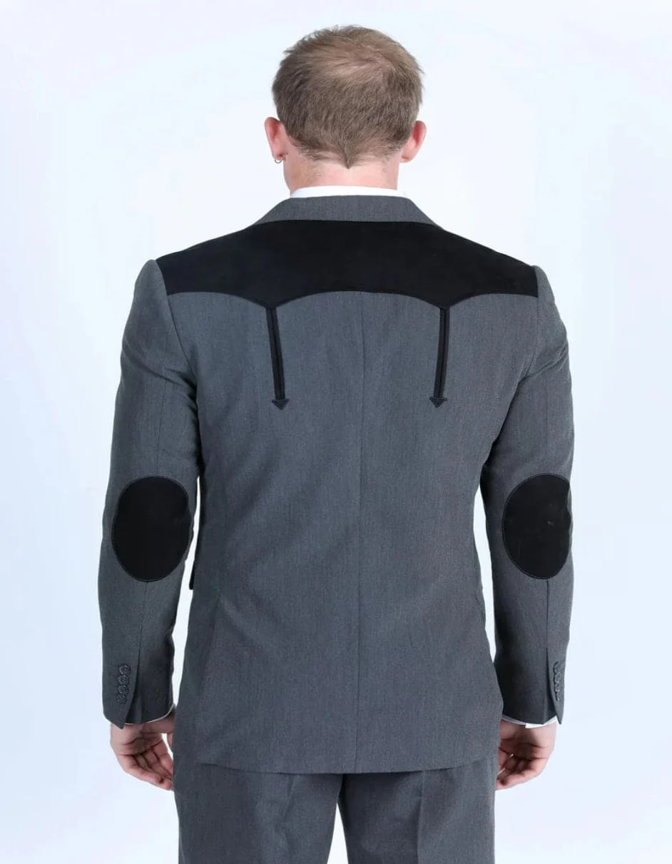 Men's Western Charcoal Suit Sport Coat with Suede Yokes and Elbow Patches - Image 4