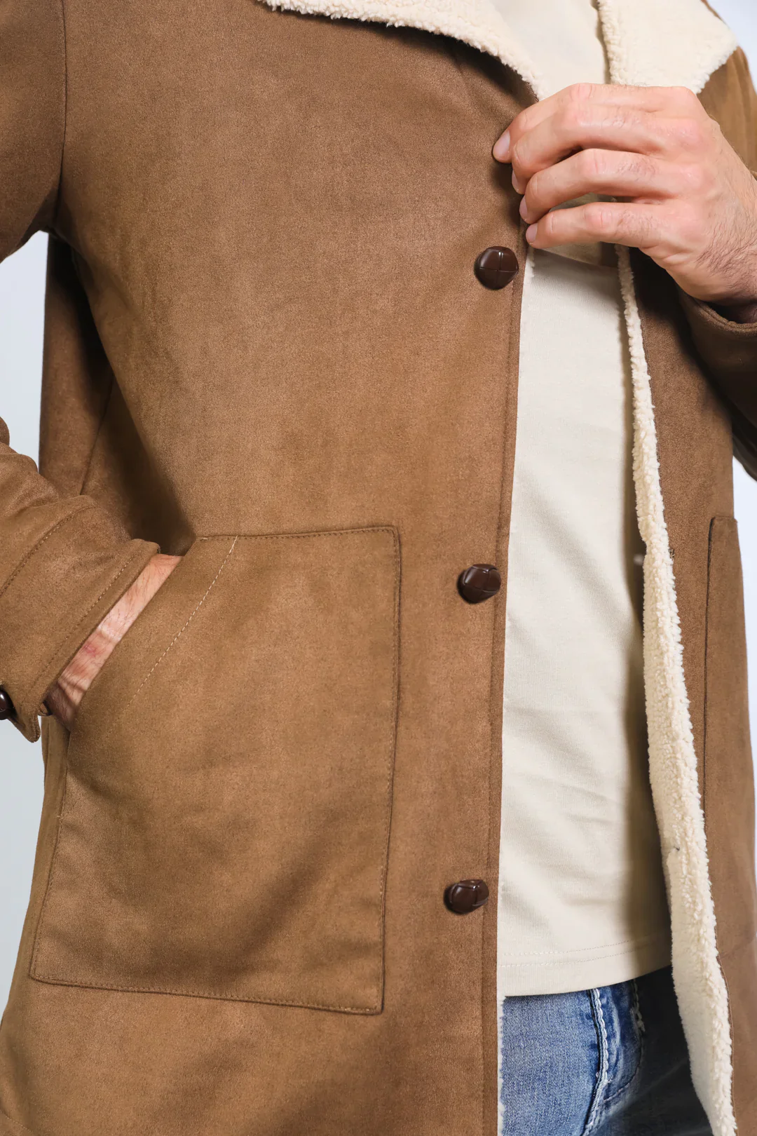 Mens Western Cowboy Long Coat – Brown Faux Suede Frontier Style Jacket - Image 3