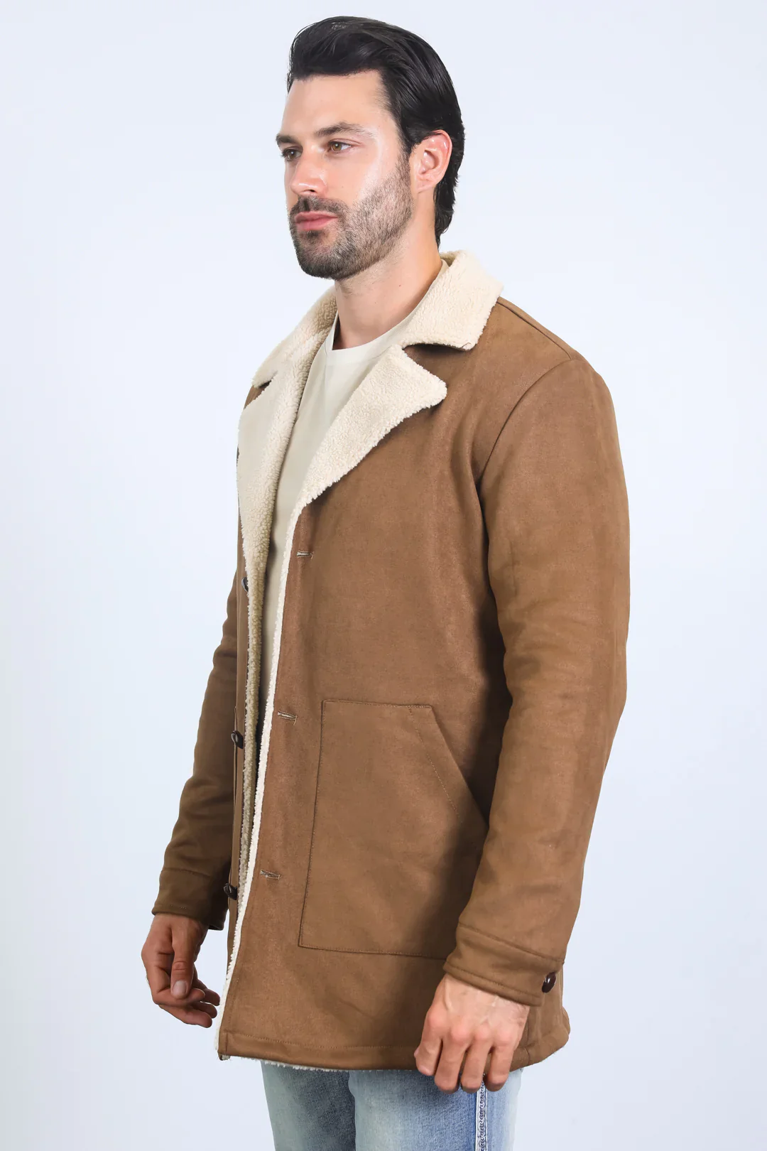 Mens Western Cowboy Long Coat – Brown Faux Suede Frontier Style Jacket - Image 4