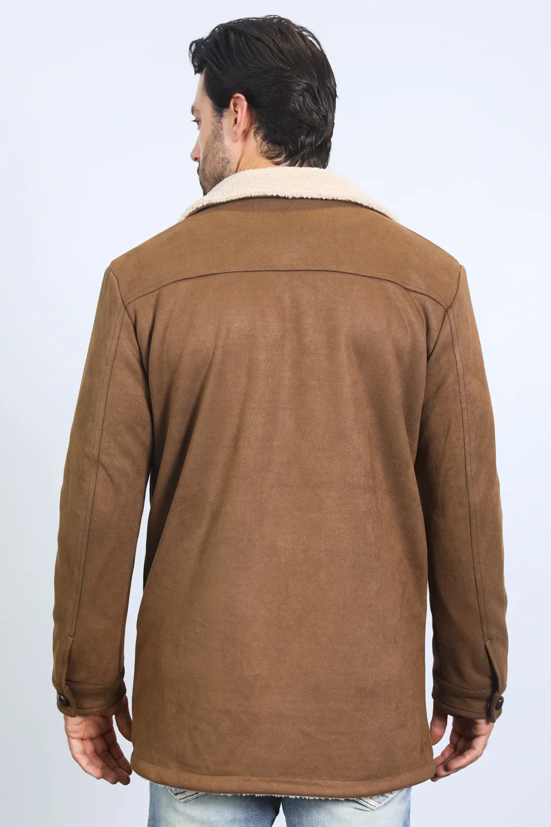 Mens Western Cowboy Long Coat – Brown Faux Suede Frontier Style Jacket - Image 5