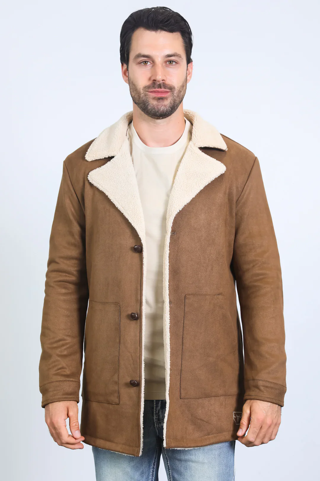 Mens Western Cowboy Long Coat – Brown Faux Suede Frontier Style Jacket - Image 6