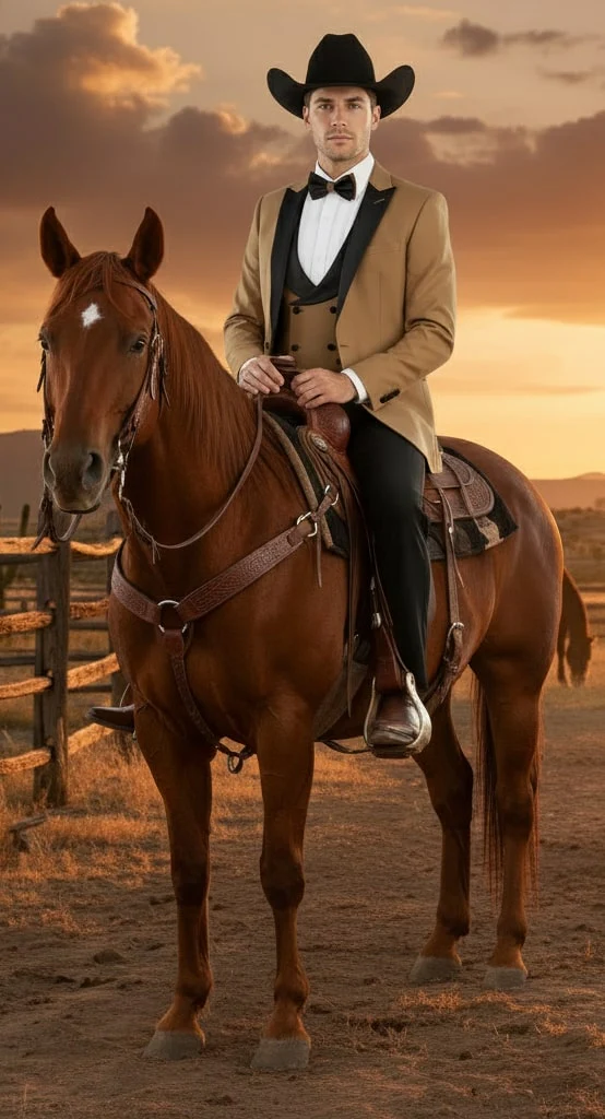 Mens Western Cowboy Tuxedo – Tan and Black 3-Piece Suit with Satin Lapel and Vest in Mocca Coffee Color - Image 6