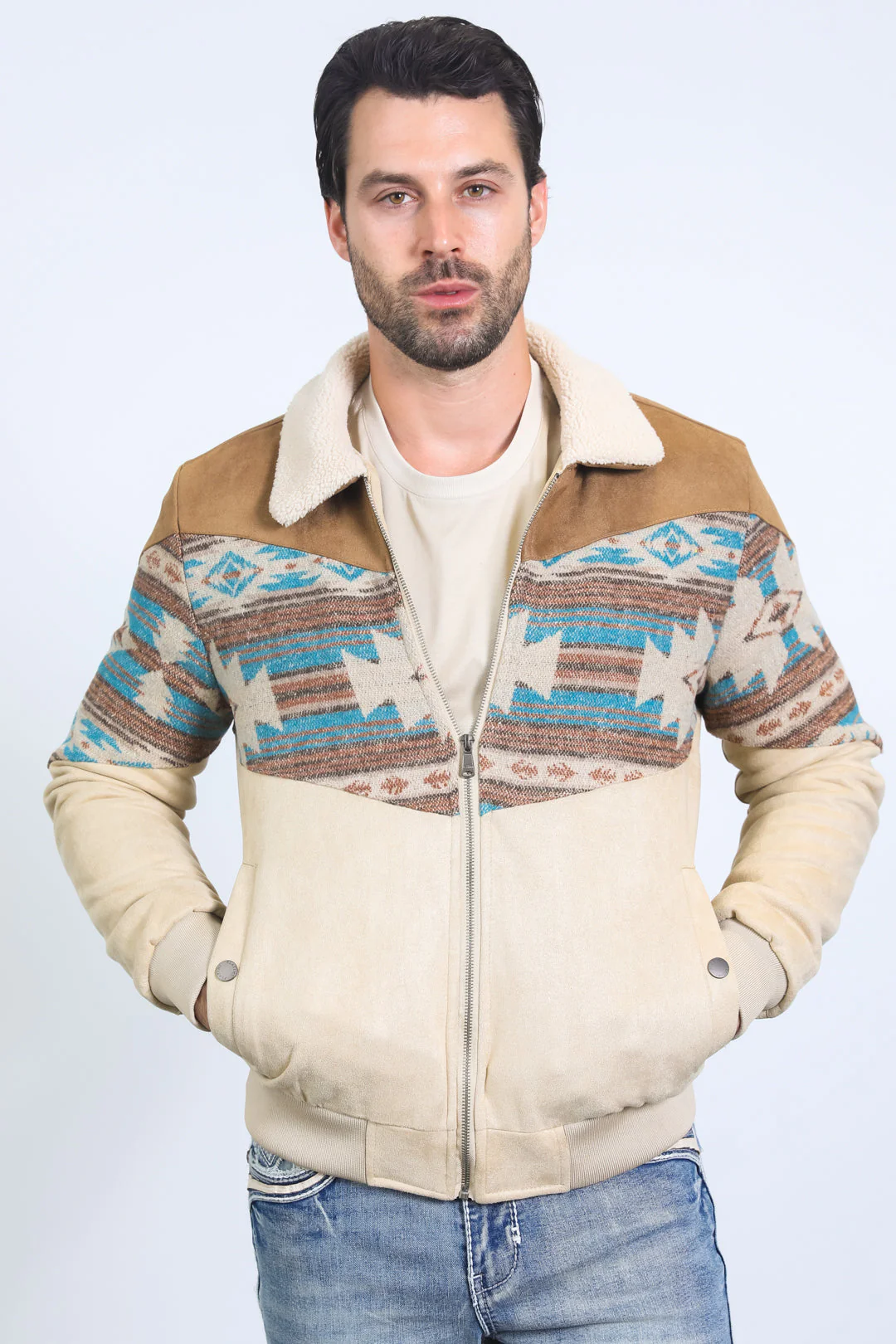Men’s Western Inspired Aztec Quilted Twill Jacket – Beige with Suede Accents - Image 6