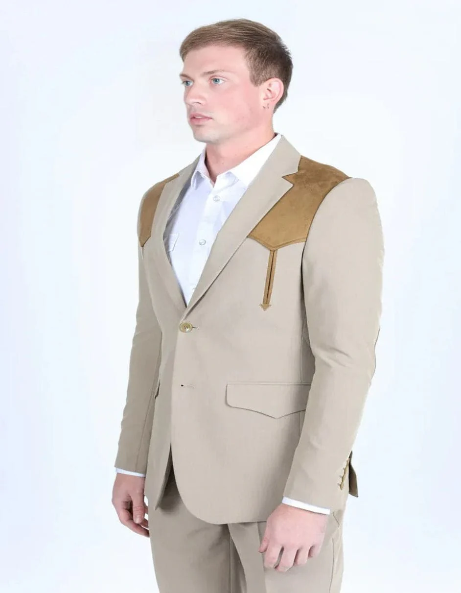 Men's Western Khaki Suit Sport Coat with Suede Yokes and Elbow Patches - Traje Para Hombre - Image 3