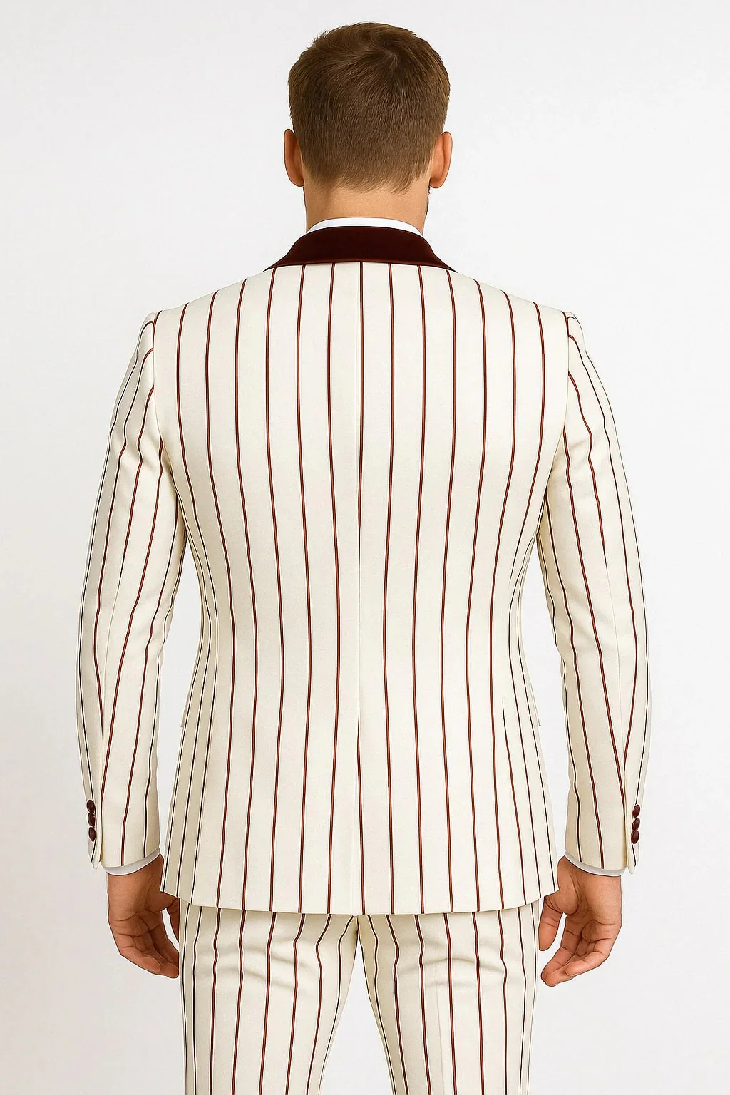 Mens White and Black Pinstripe Tuxedo with Velvet Shawl Lapel and Matching Bow Tie - Image 2