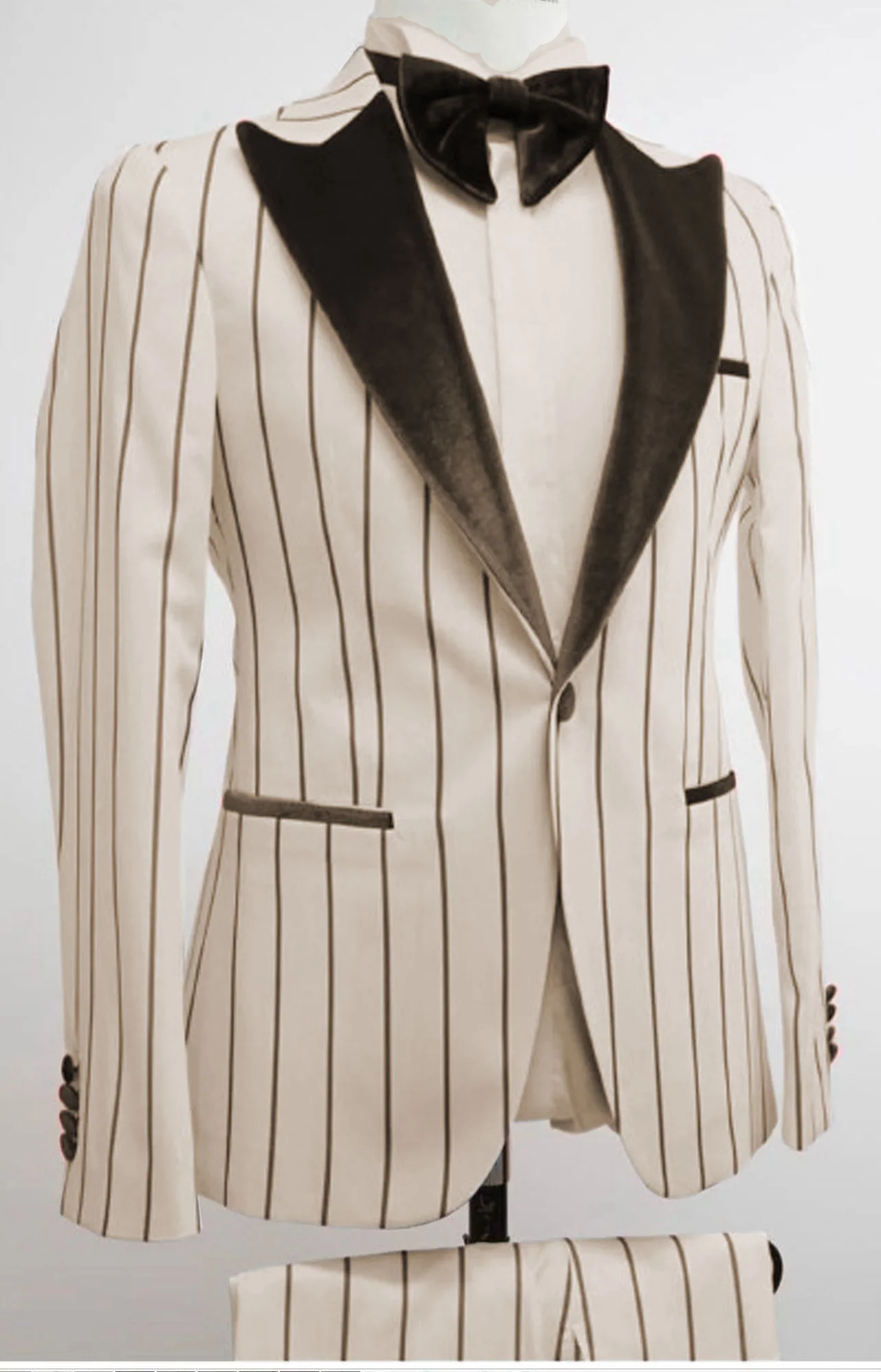 Mens White and Black Pinstripe Tuxedo with Velvet Shawl Lapel and Matching Bow Tie - Image 3