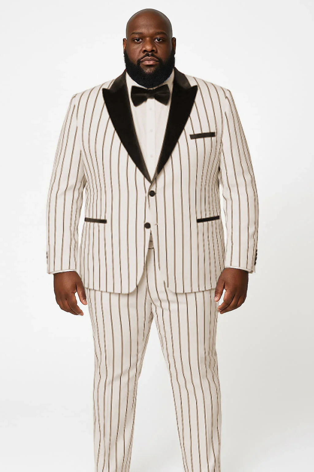 Mens White and Black Pinstripe Tuxedo with Velvet Shawl Lapel and Matching Bow Tie - Image 4