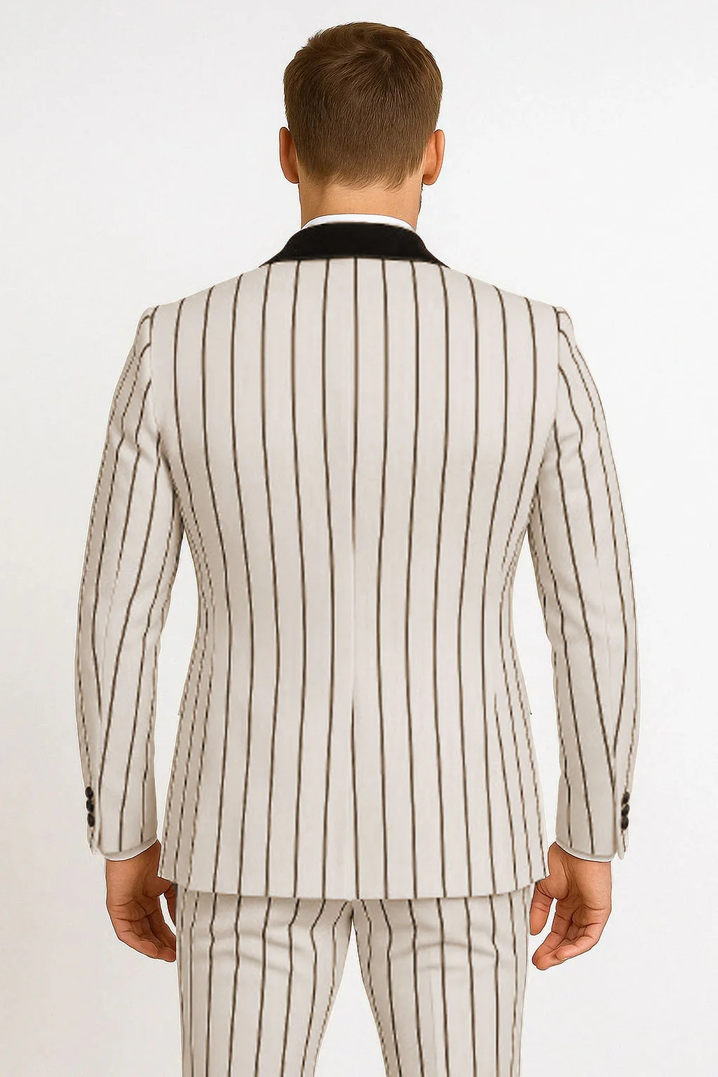 Mens White and Black Pinstripe Tuxedo with Velvet Shawl Lapel and Matching Bow Tie - Image 5