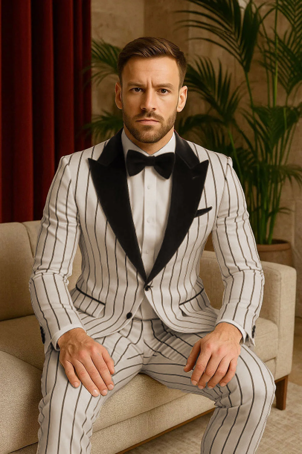 Mens White and Black Pinstripe Tuxedo with Velvet Shawl Lapel and Matching Bow Tie - Image 6