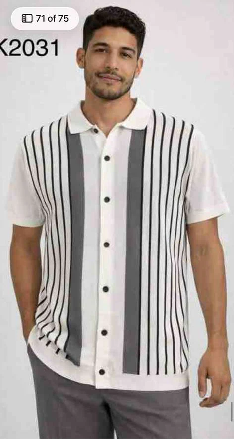 Mens White and Charcoal Gray Stripe Walking Suit Set – Short Sleeve Button Shirt and Pants Casual Summer Outfit for Travel, Vacation and Everyday Wear - Image 12