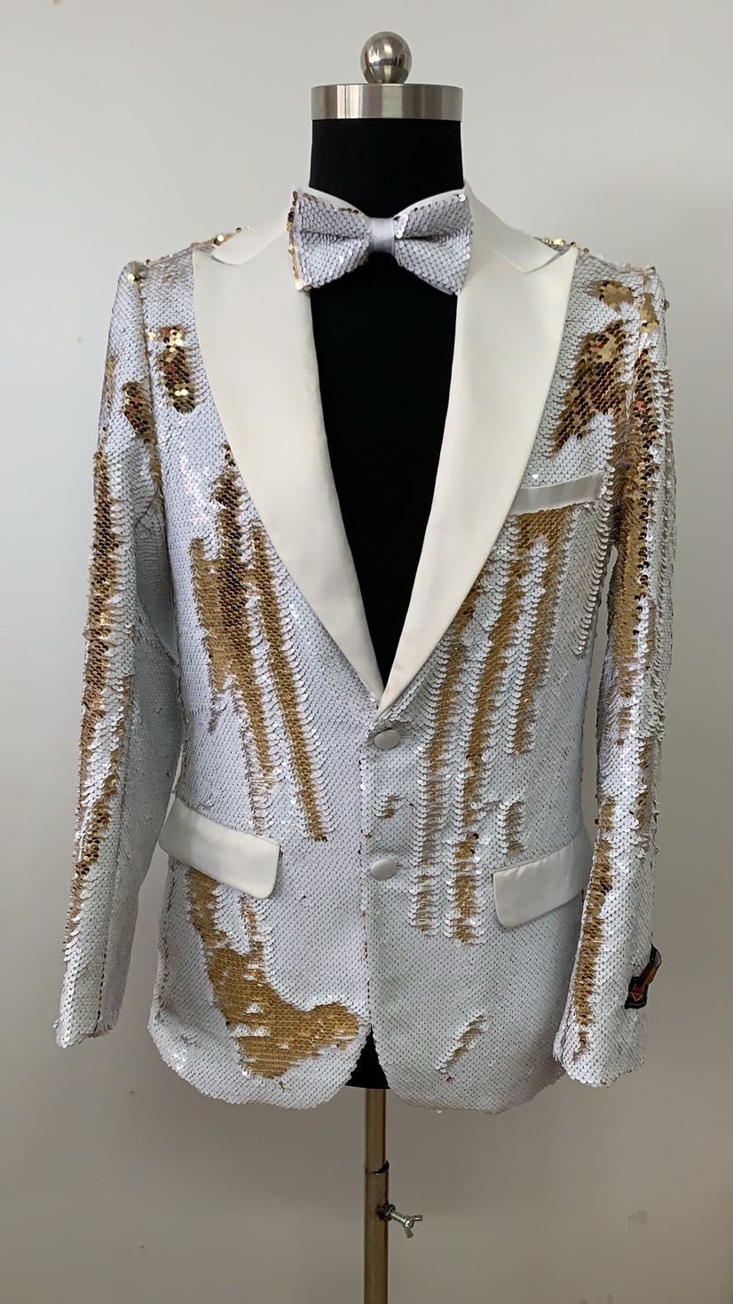 Mens White and Gold Reversible Sequin Tuxedo Jacket with Satin Lapel and Matching Bow Tie - Image 3