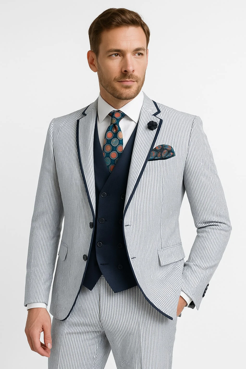 Men's White and Navy Pinstripe Suit with Contrast Trim – 3-Piece Seersucker Style Set for Weddings and Summer Events - Image 2