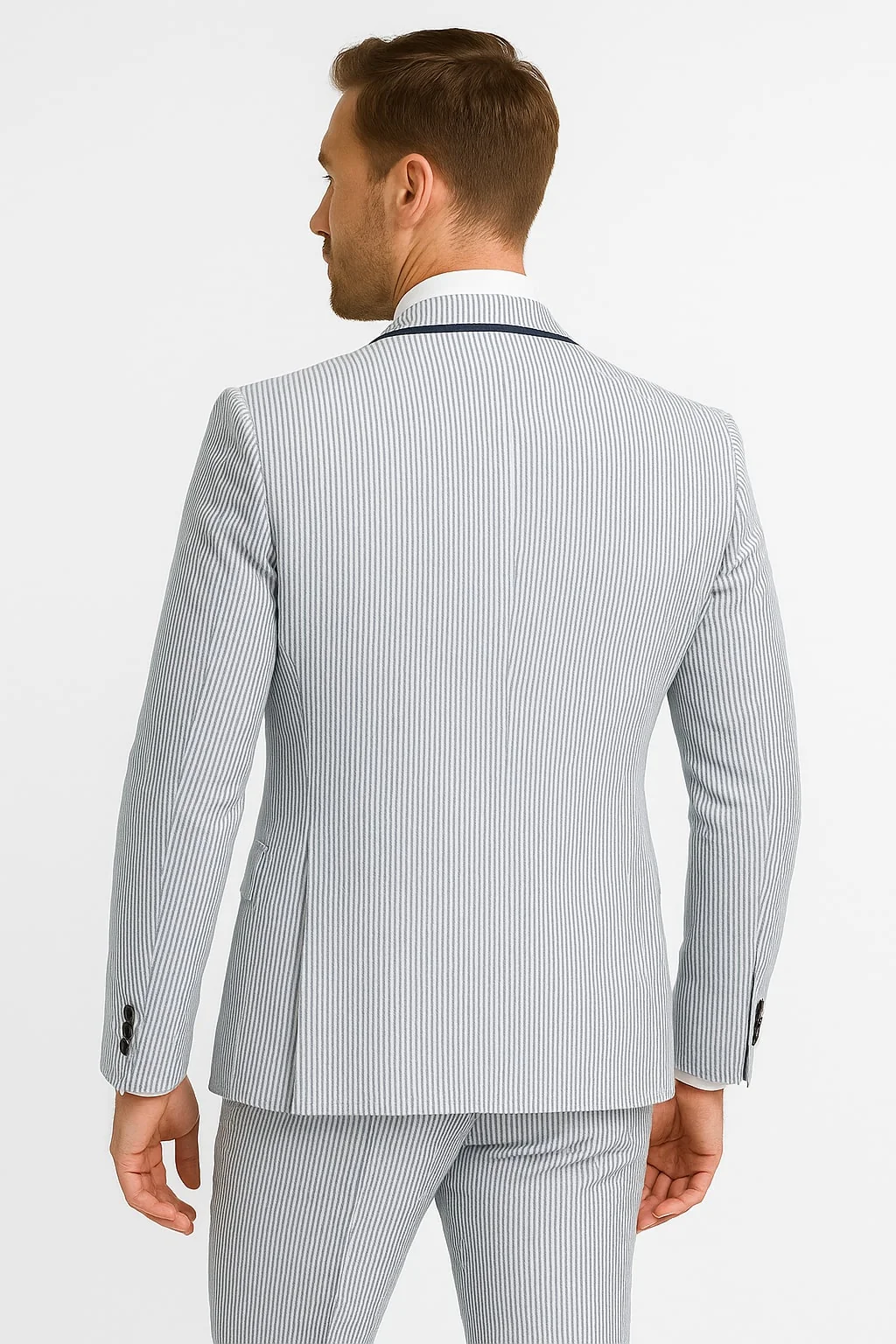 Men's White and Navy Pinstripe Suit with Contrast Trim – 3-Piece Seersucker Style Set for Weddings and Summer Events - Image 3