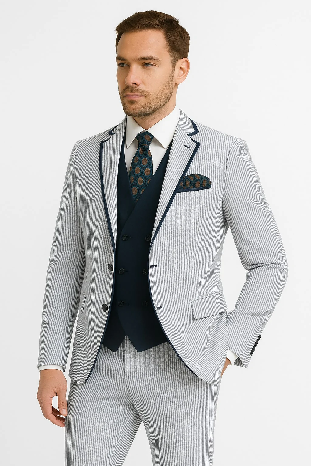 Men's White and Navy Pinstripe Suit with Contrast Trim – 3-Piece Seersucker Style Set for Weddings and Summer Events - Image 4
