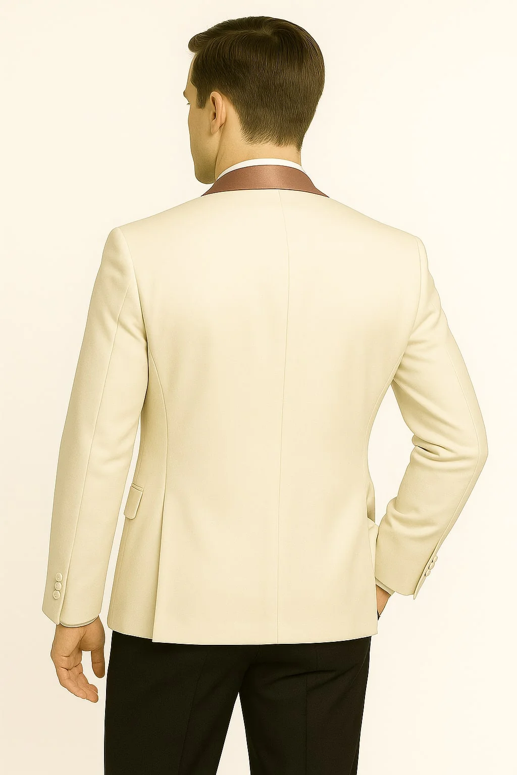 Men's White and Rose Gold Tuxedo with Mauve Satin Vest and Bow Tie – Elegant Formalwear for Weddings and Events - Image 3