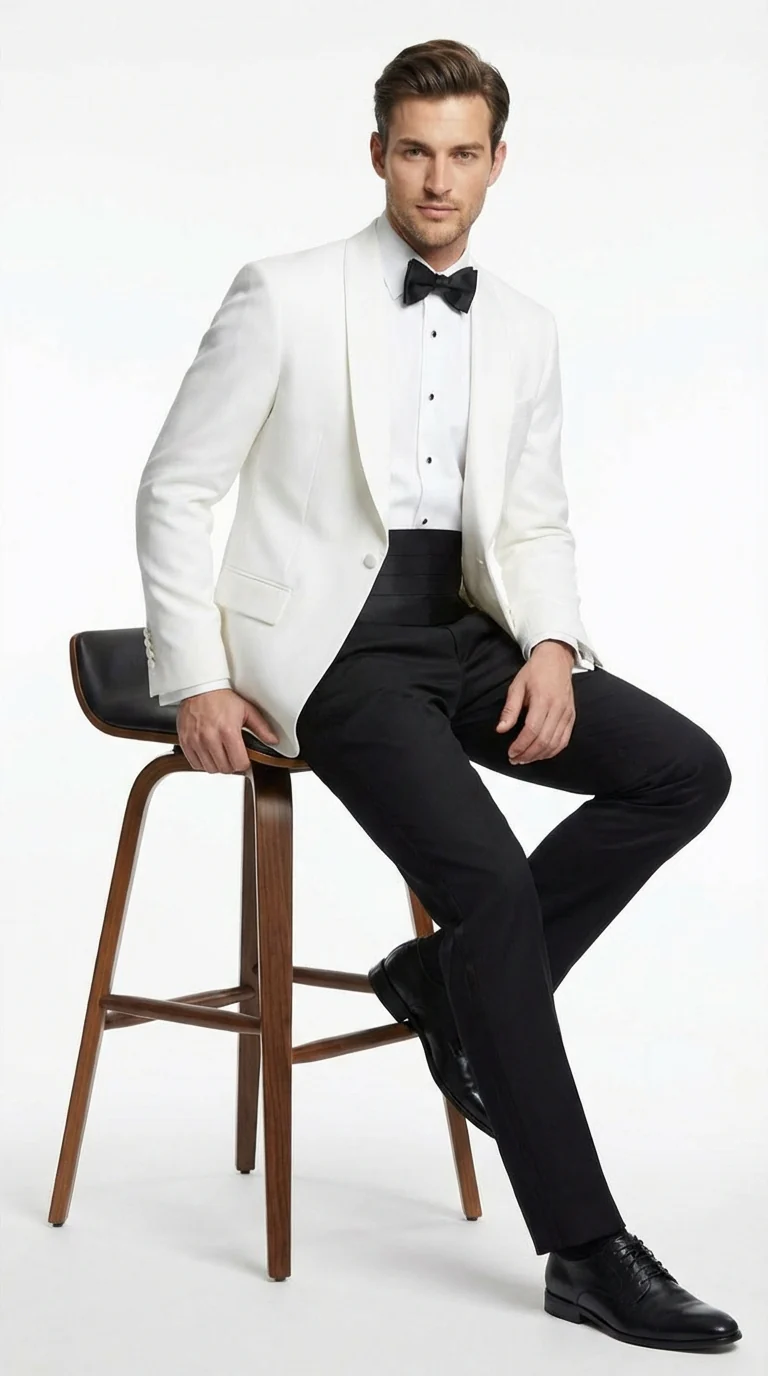 Men's White Dinner Jacket Tuxedo Blazer with Black Satin Shawl Lapel  With Black Tuxedo Pants - Image 4