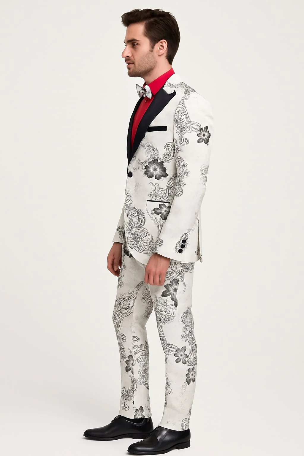 Mens White Floral Tuxedo with Black Lapel – 3-Piece Designer Prom Suit Wedding Suit - Image 2