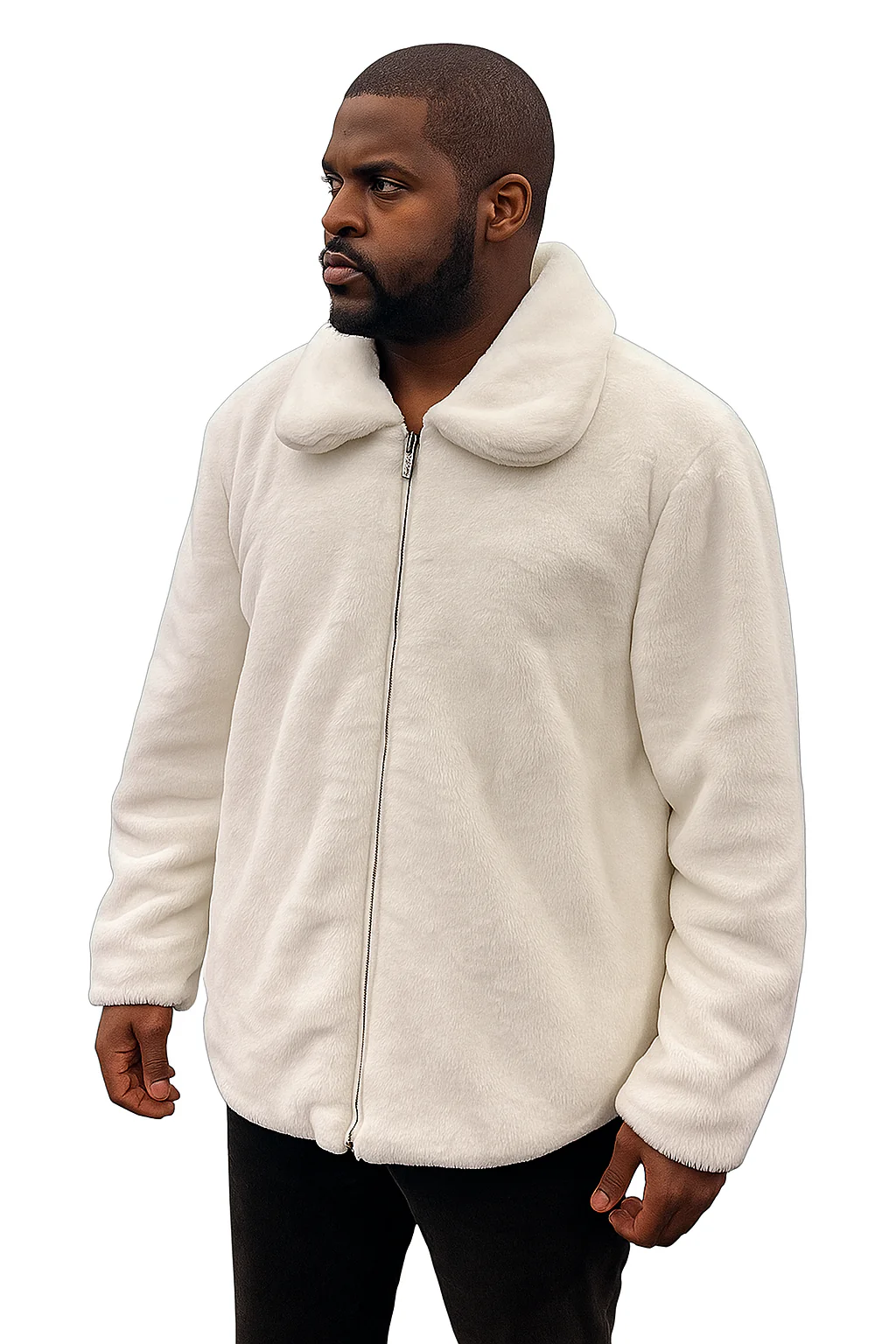 Men's White Fur Short Coat – Single Breasted, Full Zip, Regular Fit - Image 5