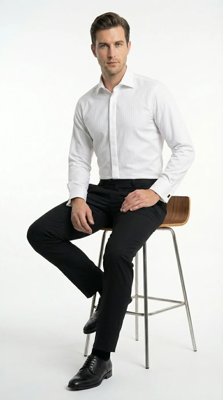 Mens White Herringbone Shadow and Tone on Tone Dress Shirt – Classic Formal Wedding - Image 6