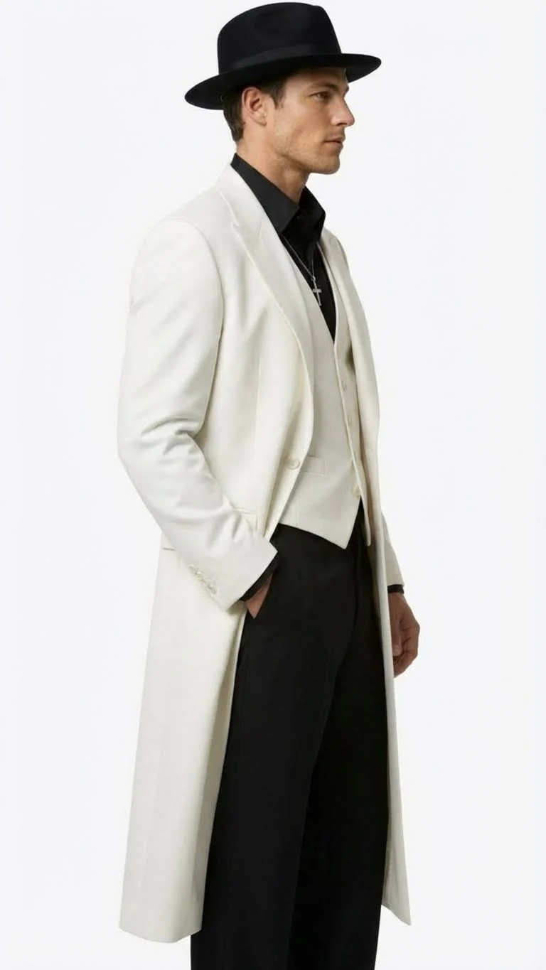 Mens White Long Zoot Suit Costume Set with Black Pants – Wedding, Prom and Party Outfit 1920s - 1930s Gangster Style - Image 3