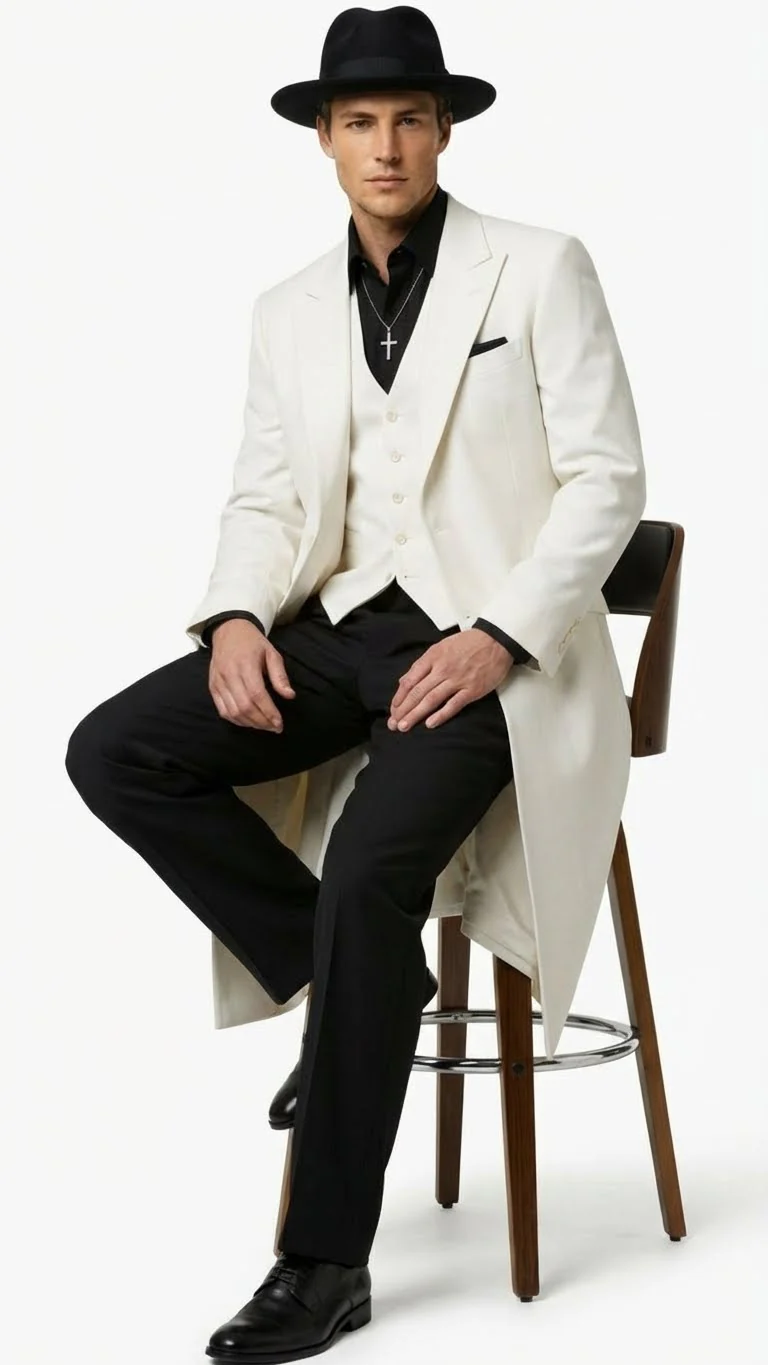 Mens White Long Zoot Suit Costume Set with Black Pants – Wedding, Prom and Party Outfit 1920s - 1930s Gangster Style - Image 5