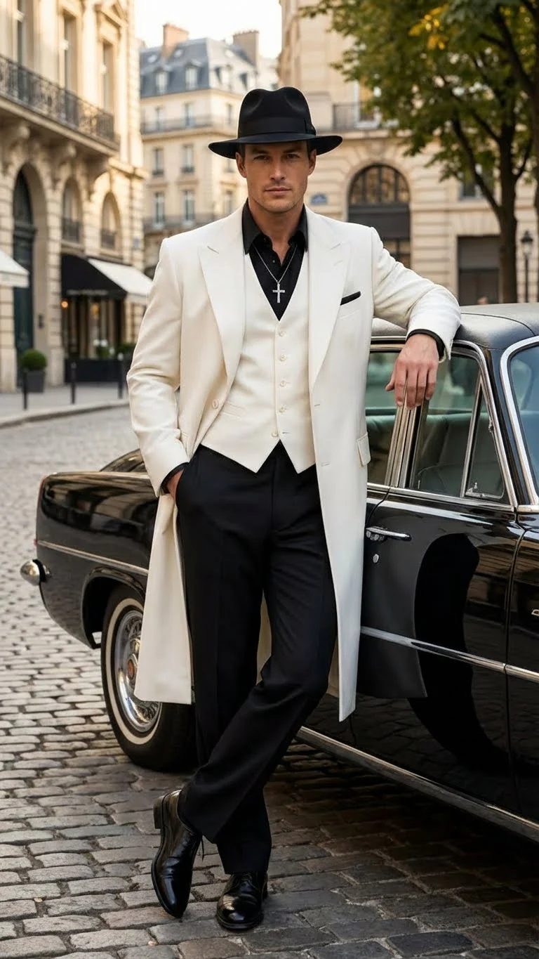 Mens White Long Zoot Suit Costume Set with Black Pants – Wedding, Prom and Party Outfit 1920s - 1930s Gangster Style - Image 7