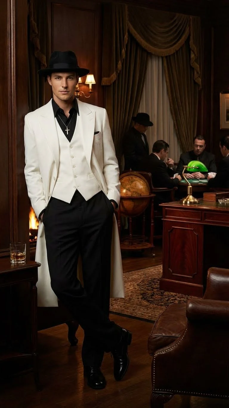 Mens White Long Zoot Suit Costume Set with Black Pants – Wedding, Prom and Party Outfit 1920s - 1930s Gangster Style - Image 8