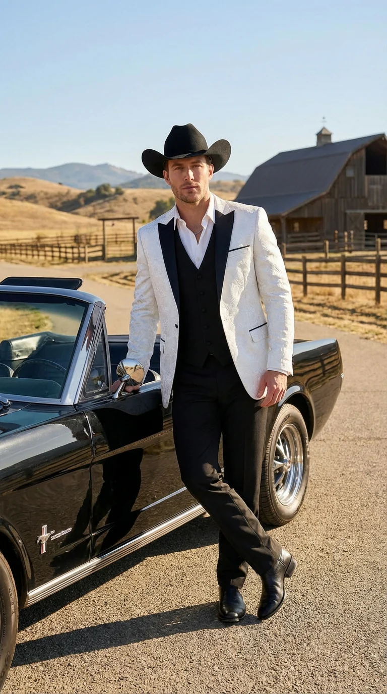 Men’s White Paisley Cowboy Tuxedo with Black Satin Lapel – Western Formal Wedding Suit Jacket - Image 10