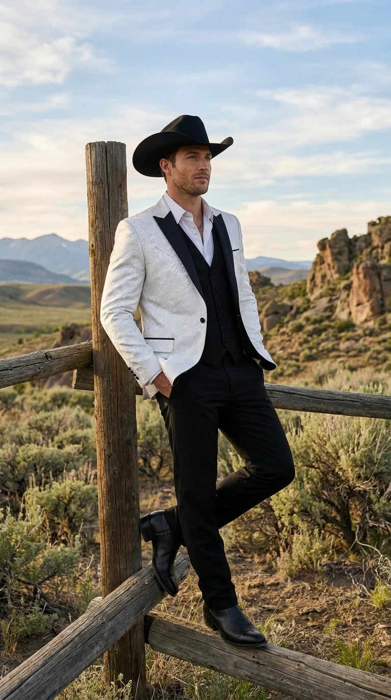 Men’s White Paisley Cowboy Tuxedo with Black Satin Lapel – Western Formal Wedding Suit Jacket - Image 12