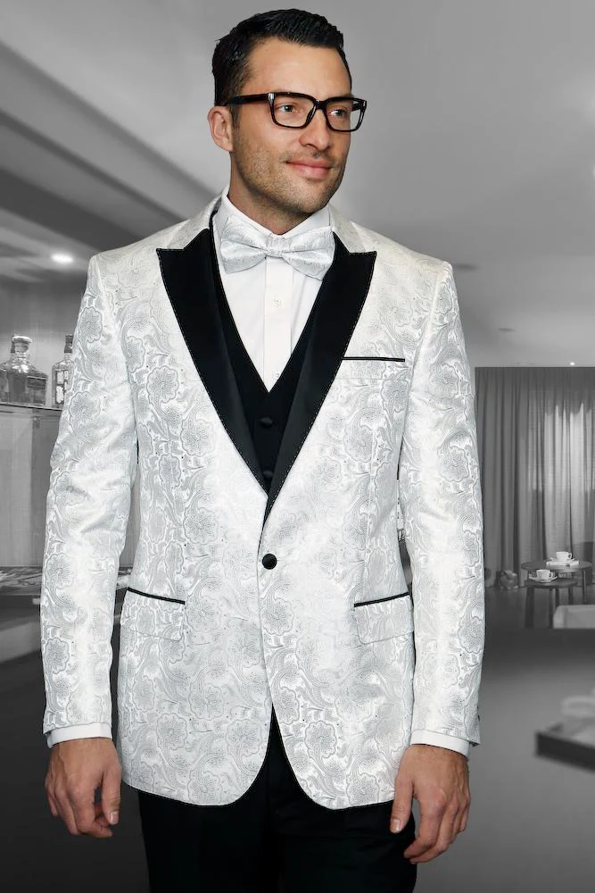 Men’s White Paisley Cowboy Tuxedo with Black Satin Lapel – Western Formal Wedding Suit Jacket - Image 13
