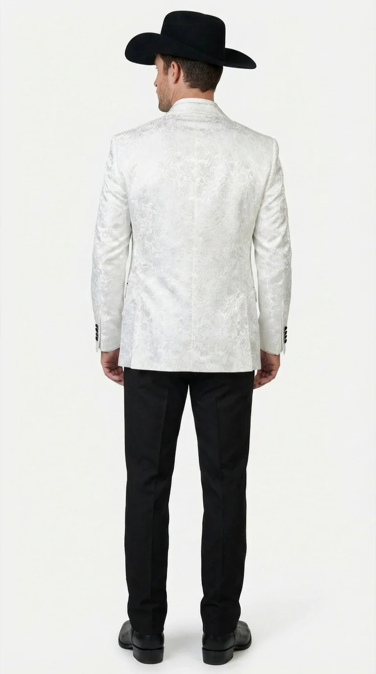 Men’s White Paisley Cowboy Tuxedo with Black Satin Lapel – Western Formal Wedding Suit Jacket - Image 2