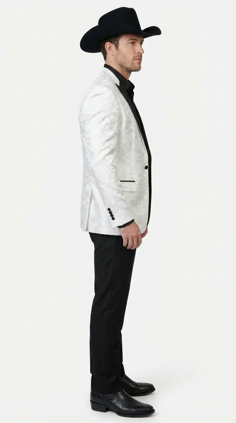 Men’s White Paisley Cowboy Tuxedo with Black Satin Lapel – Western Formal Wedding Suit Jacket - Image 3