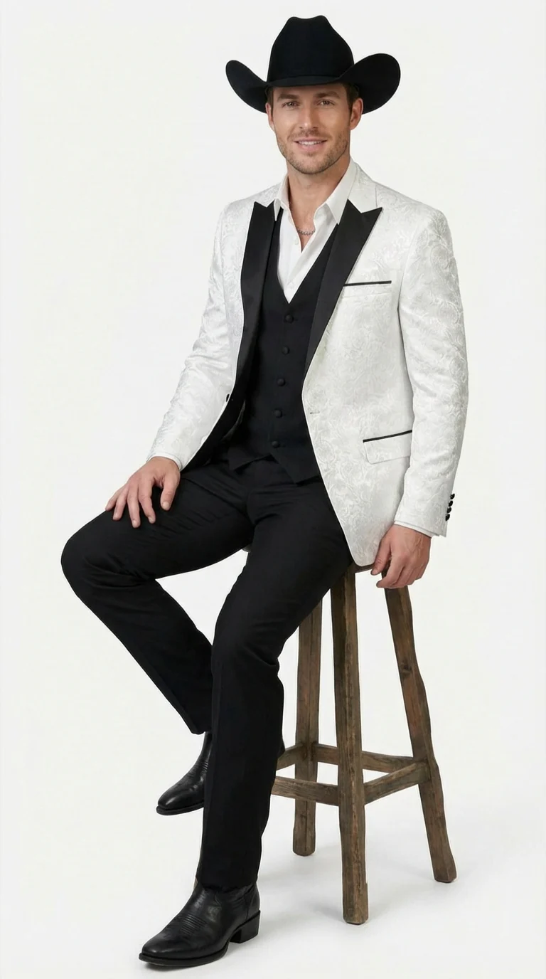 Men’s White Paisley Cowboy Tuxedo with Black Satin Lapel – Western Formal Wedding Suit Jacket - Image 4
