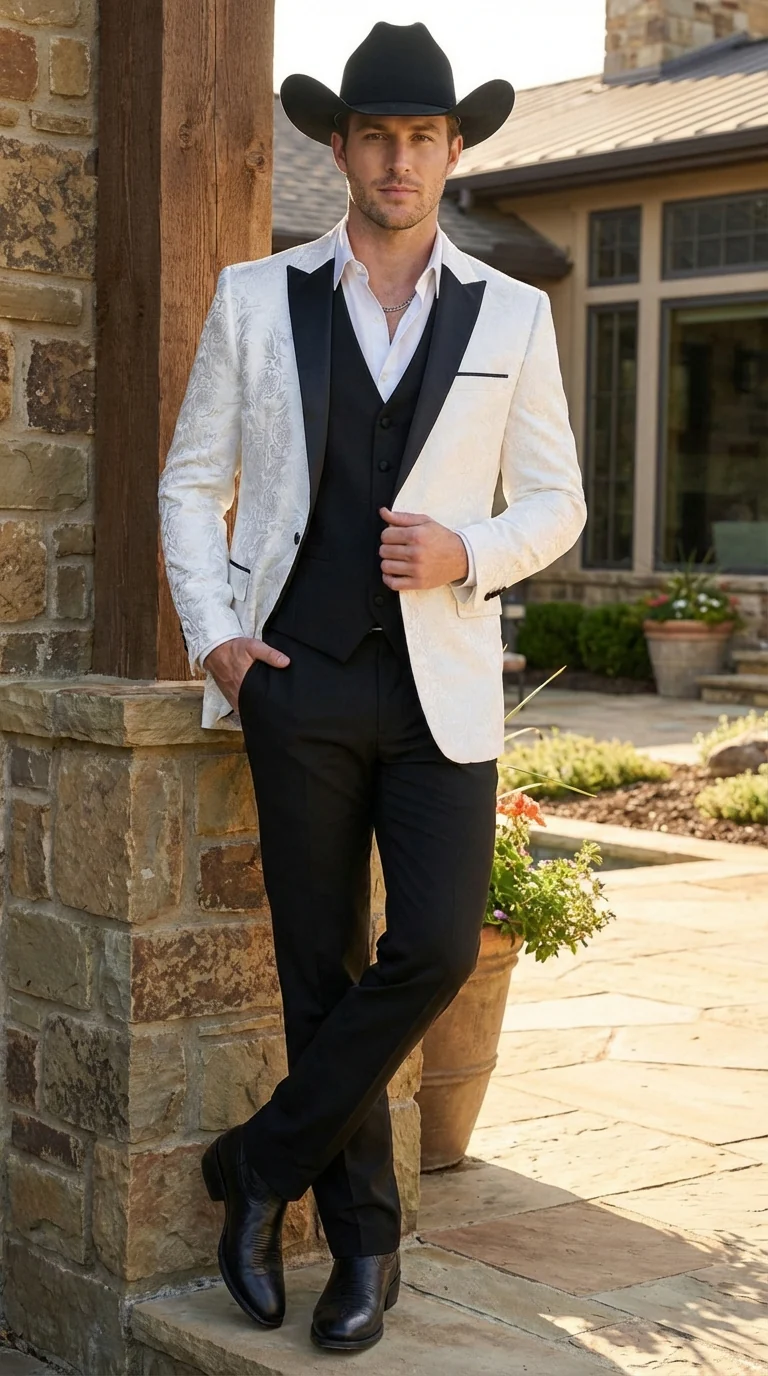 Men’s White Paisley Cowboy Tuxedo with Black Satin Lapel – Western Formal Wedding Suit Jacket - Image 5