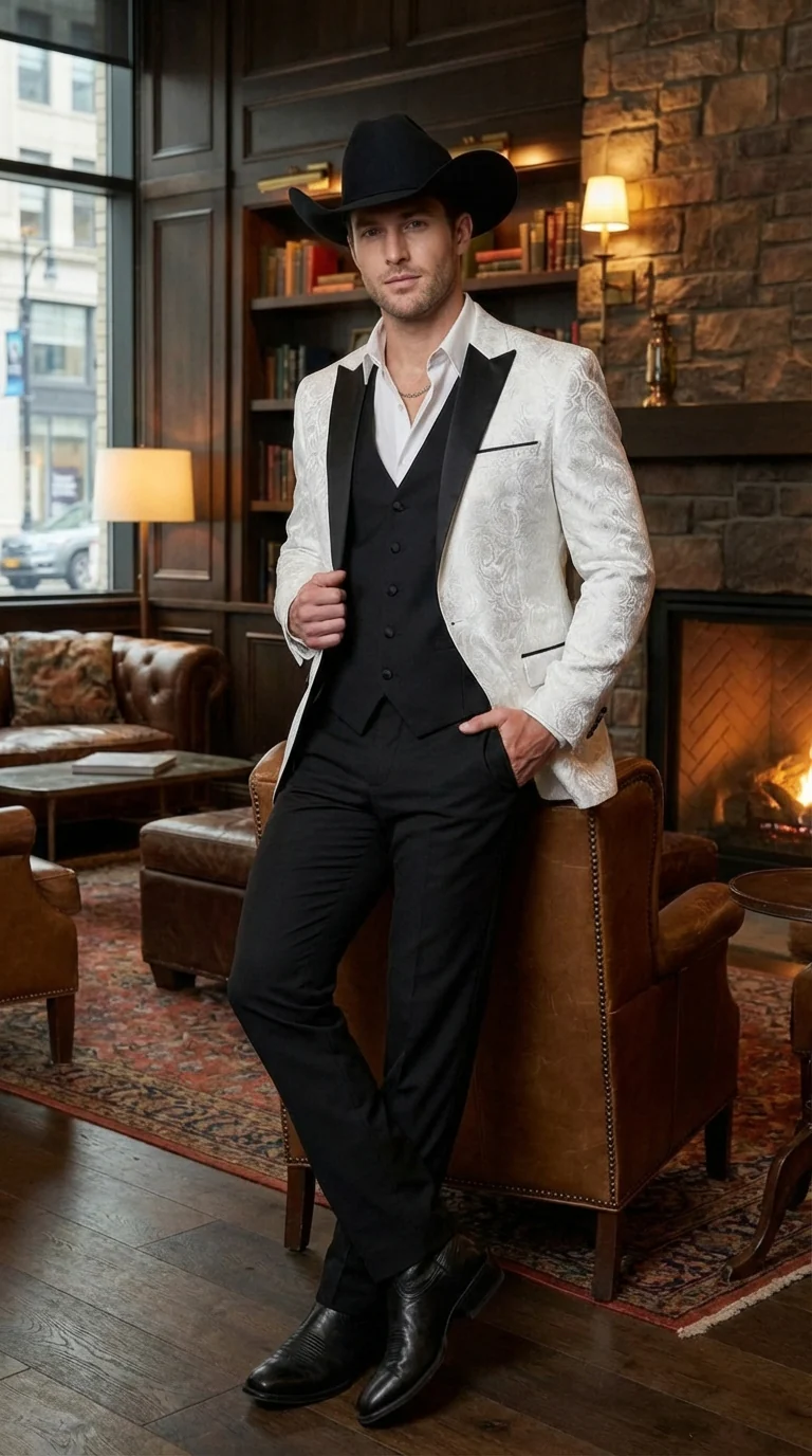 Men’s White Paisley Cowboy Tuxedo with Black Satin Lapel – Western Formal Wedding Suit Jacket - Image 7