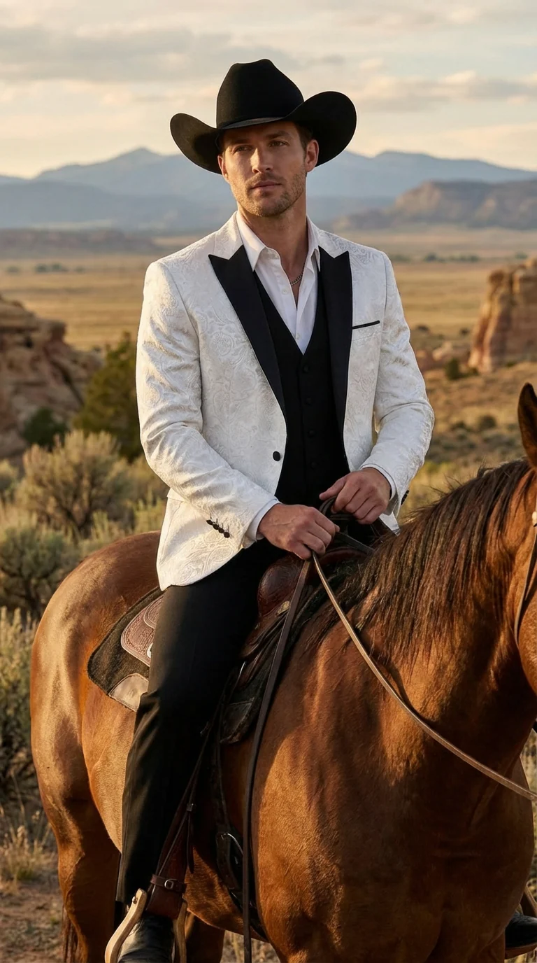 Men’s White Paisley Cowboy Tuxedo with Black Satin Lapel – Western Formal Wedding Suit Jacket - Image 9