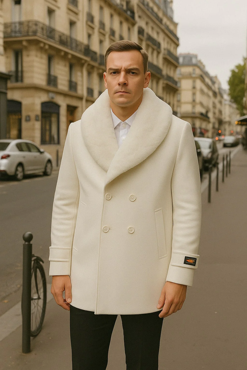Mens White Peacoat Double-Breasted Overcoat with Faux Fur Shawl Collar β Alberto Nardoni Collection Wool Fabric - Image 3