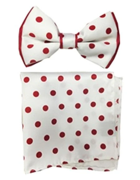 Men's White / Red Polyester Satin dual colors (Red Polka Dot) Bowtie with hankie - Men's Neck Ties - Mens Dress Tie - Trendy Mens Ties