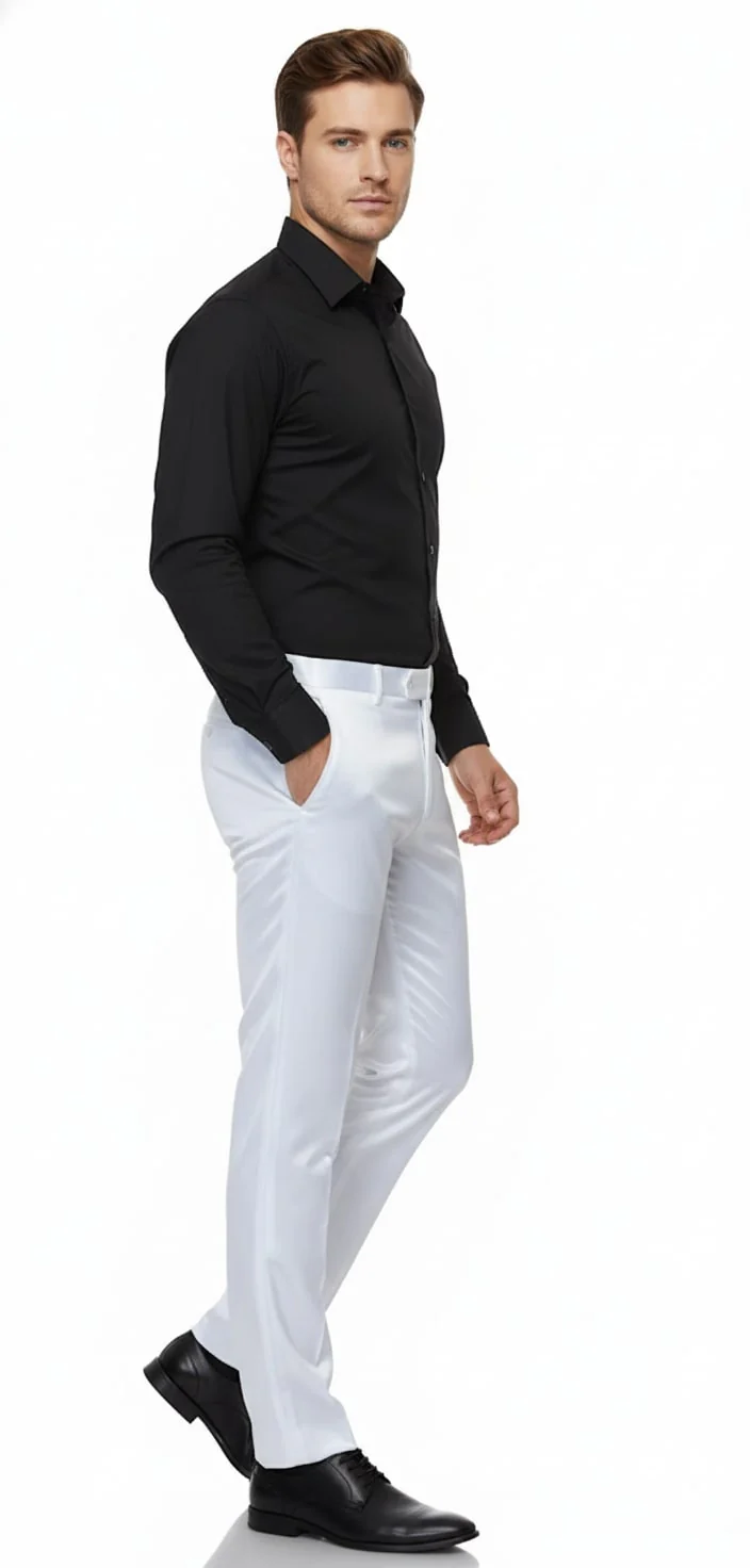 Mens White Satin Slim Fit Dress Pants – Shiny Formal Party and Wedding Trousers - Image 3