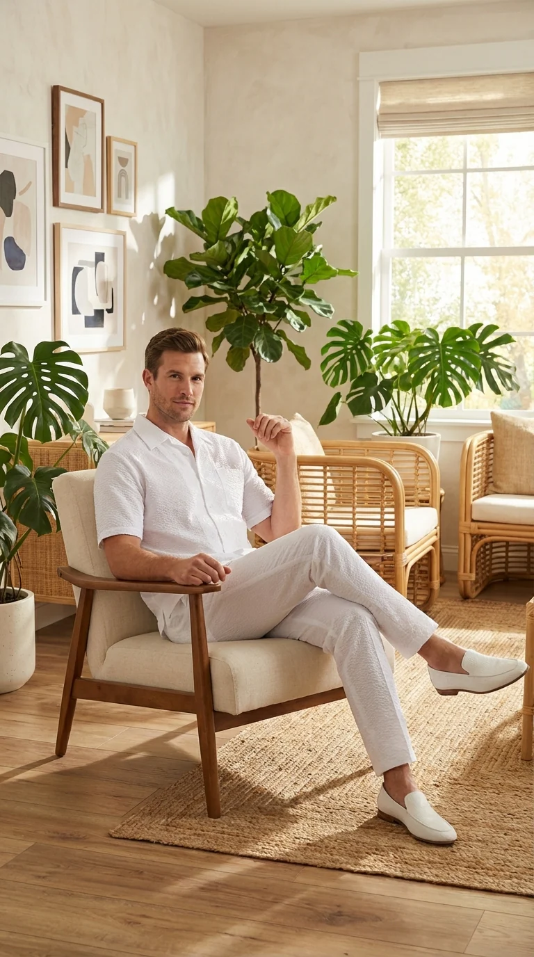 Mens White Seersucker Walking Suit Set – Casual Summer Short Sleeve Outfit with Matching Pants Lightweight Two Piece Set - Image 11