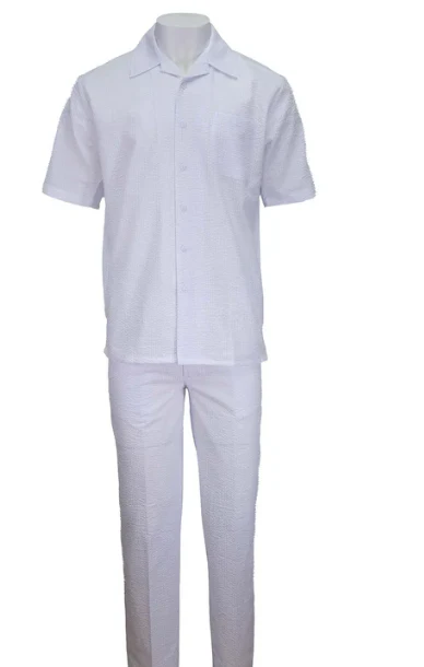 Mens White Seersucker Walking Suit Set – Casual Summer Short Sleeve Outfit with Matching Pants Lightweight Two Piece Set - Image 12
