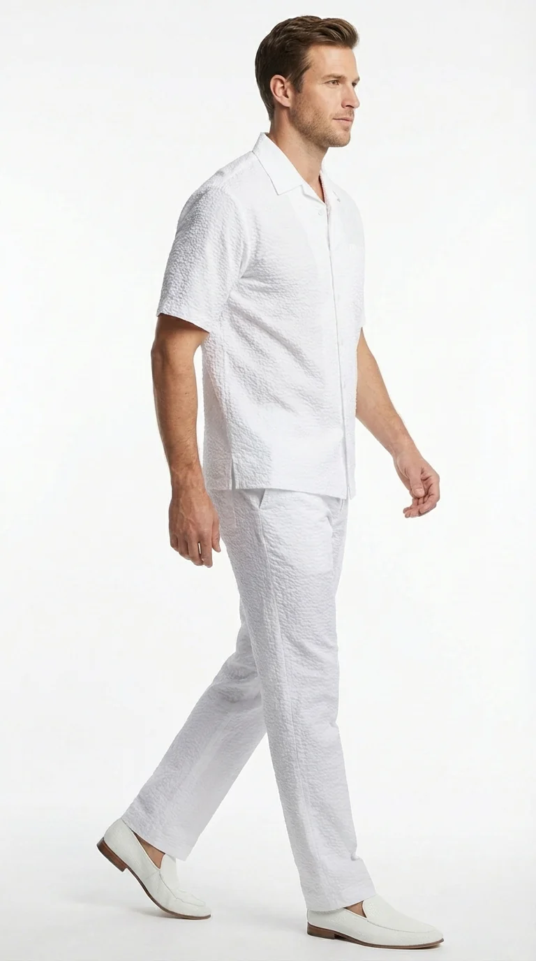 Mens White Seersucker Walking Suit Set – Casual Summer Short Sleeve Outfit with Matching Pants Lightweight Two Piece Set - Image 3