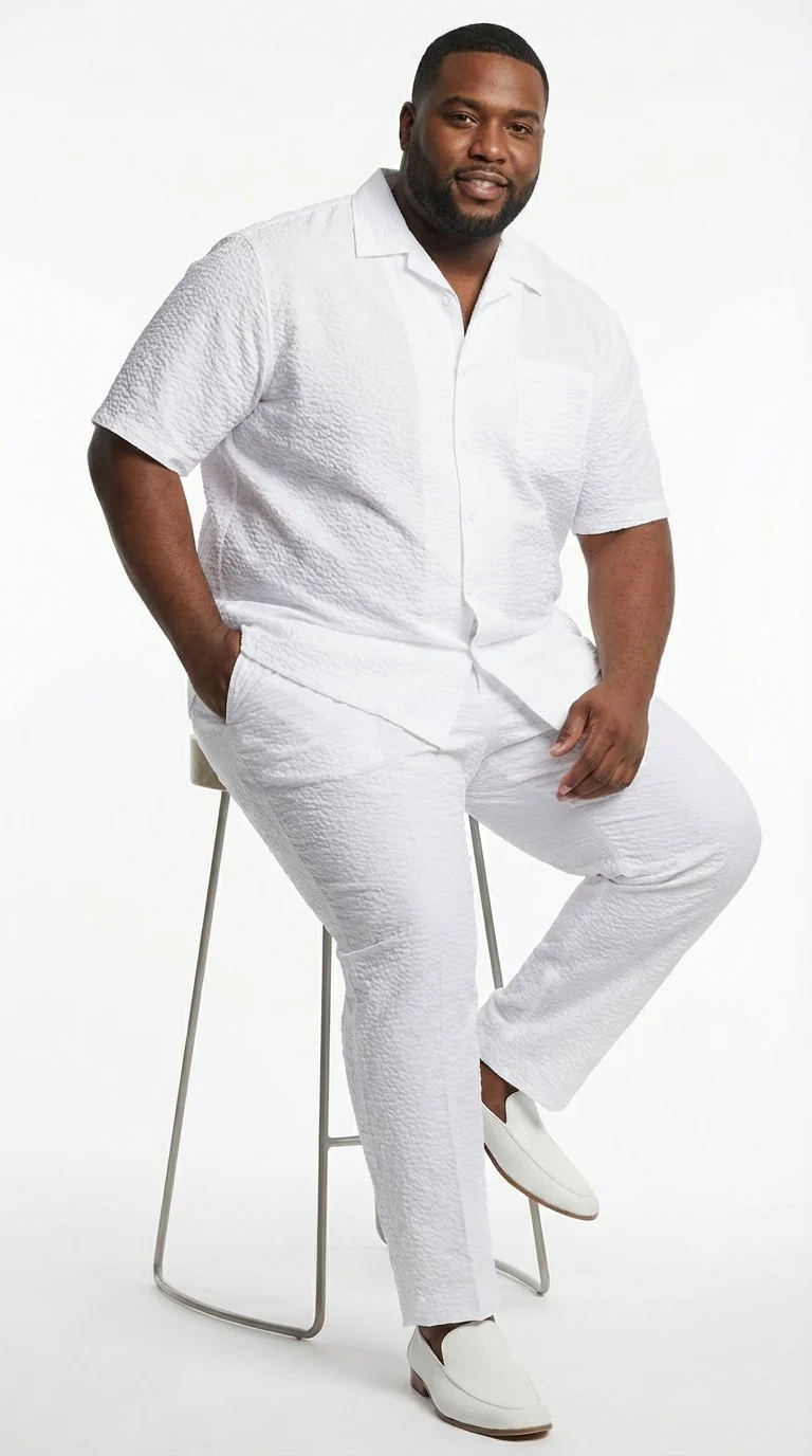 Mens White Seersucker Walking Suit Set – Casual Summer Short Sleeve Outfit with Matching Pants Lightweight Two Piece Set - Image 5