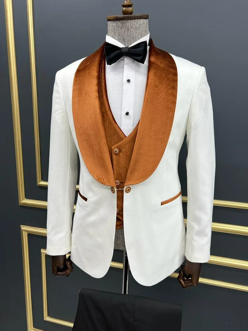 Men’s White Slim Fit Tuxedo with Burnt Orange Velvet Shawl Collar - Image 4