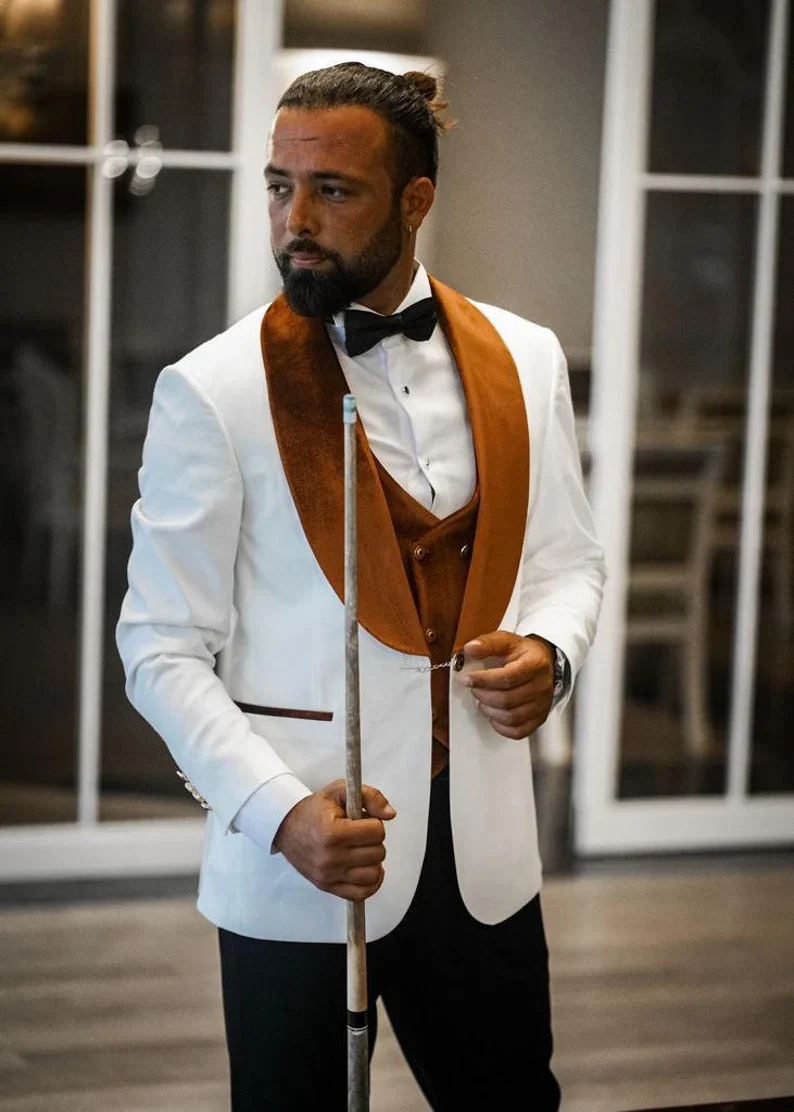Men’s White Slim Fit Tuxedo with Burnt Orange Velvet Shawl Collar - Image 5