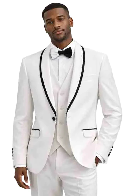 Mens White Tuxedo Suit with Black Shawl Lapel – Slim Fit 3 Piece Wedding and Prom Suit