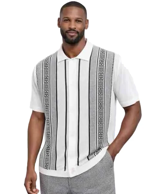 Mens White Vertical Pattern Polo Shirt – Retro Knit Short Sleeve Summer Casual Shirt