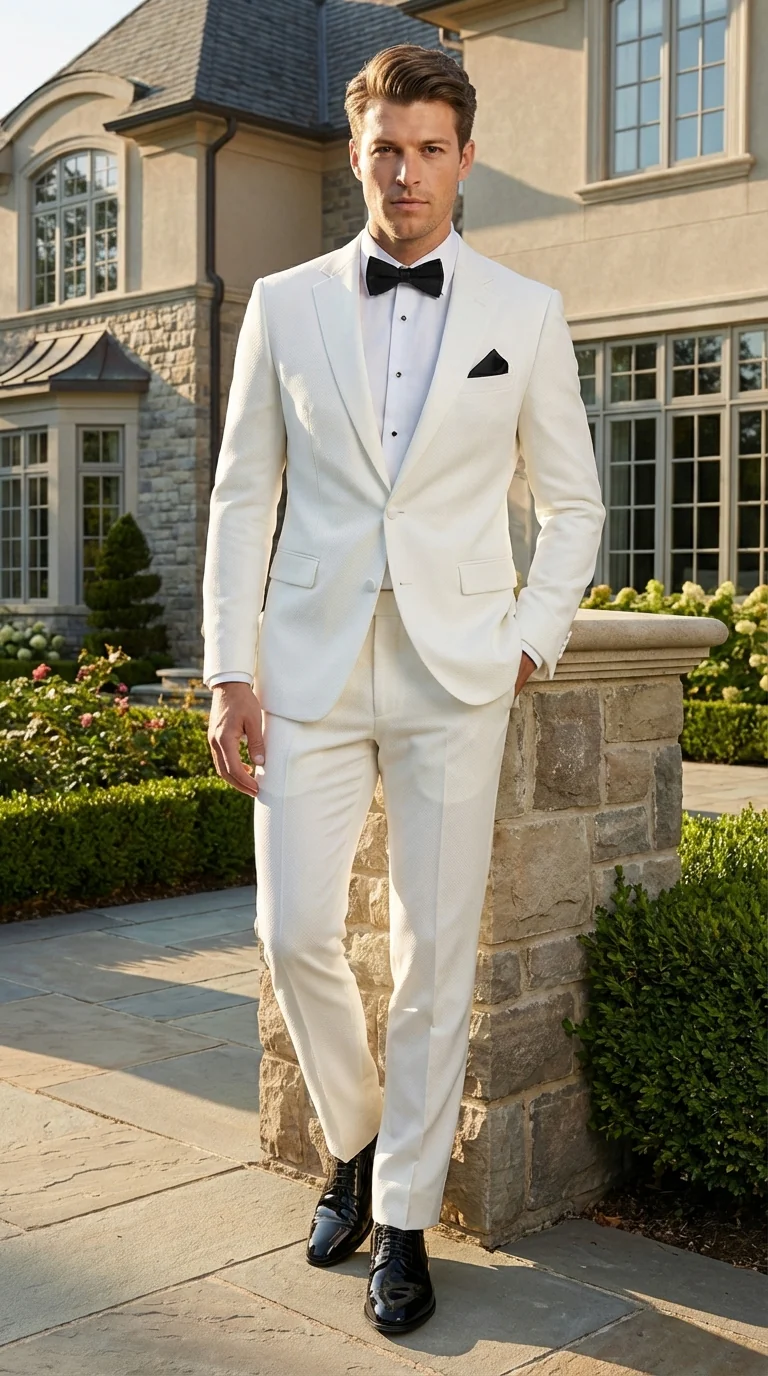 Mens White Wedding Tuxedo Suit – Formal Groom Suit Set Classic Dinner Jacket + White Tuxedo Shirt + Black Bow Tie - Image 10