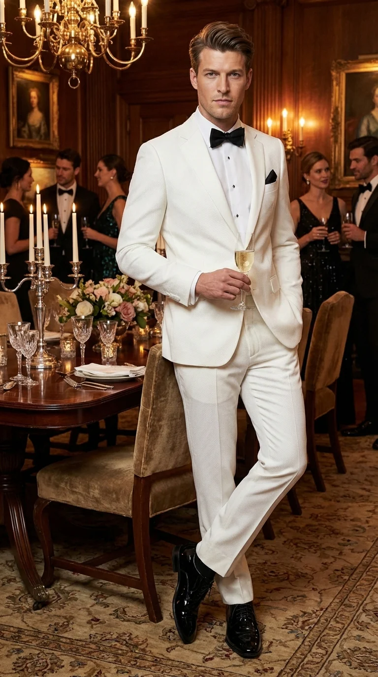 Mens White Wedding Tuxedo Suit – Formal Groom Suit Set Classic Dinner Jacket + White Tuxedo Shirt + Black Bow Tie - Image 11